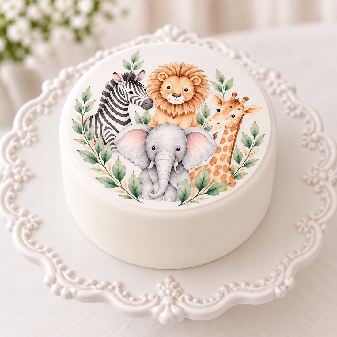 Safari design printed directly onto smooth fondant, with crisp edges