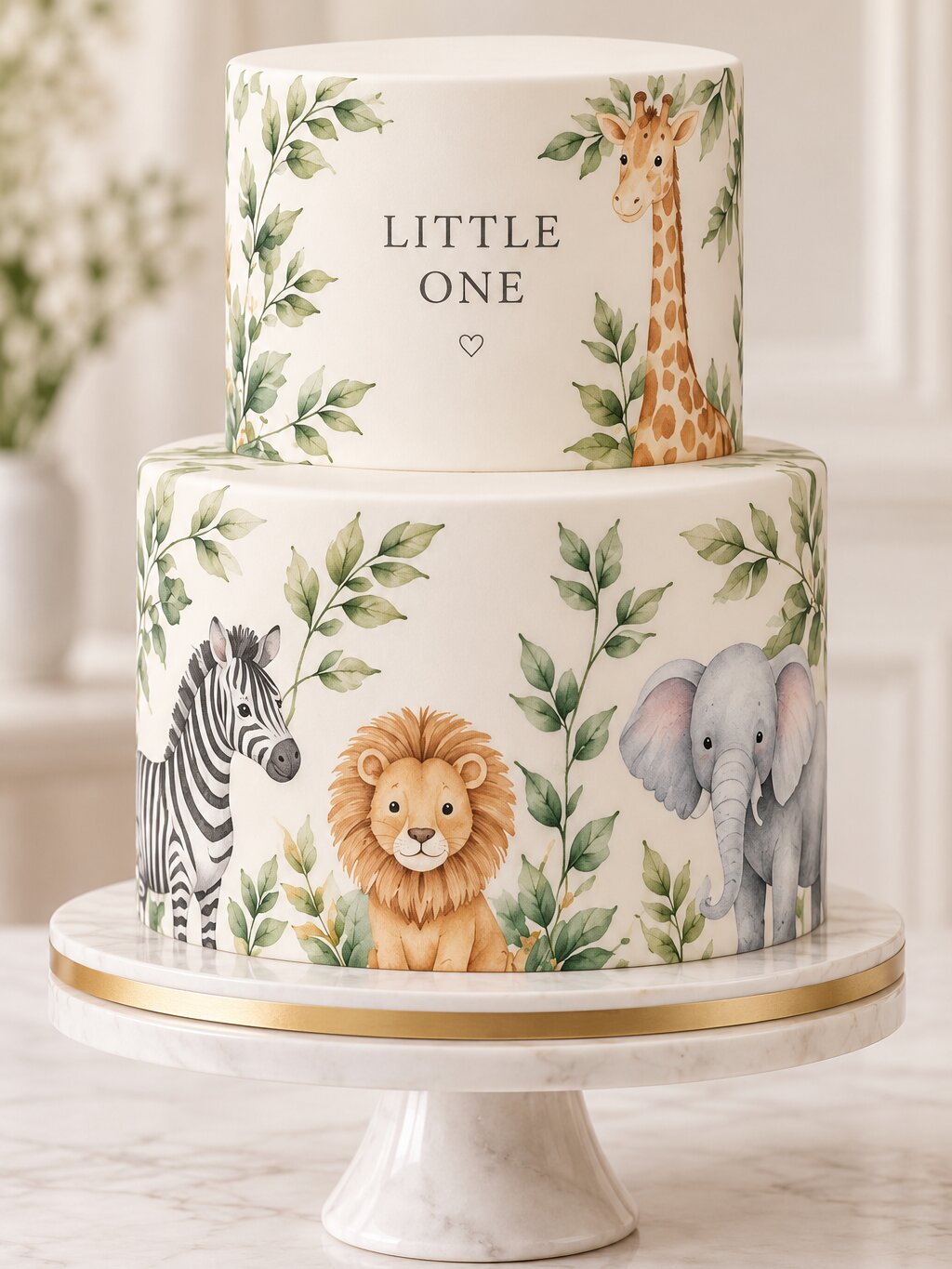 Two-tier 'Little One' cake on a marble stand, printed with a safari giraffe, zebra, lion and elephant