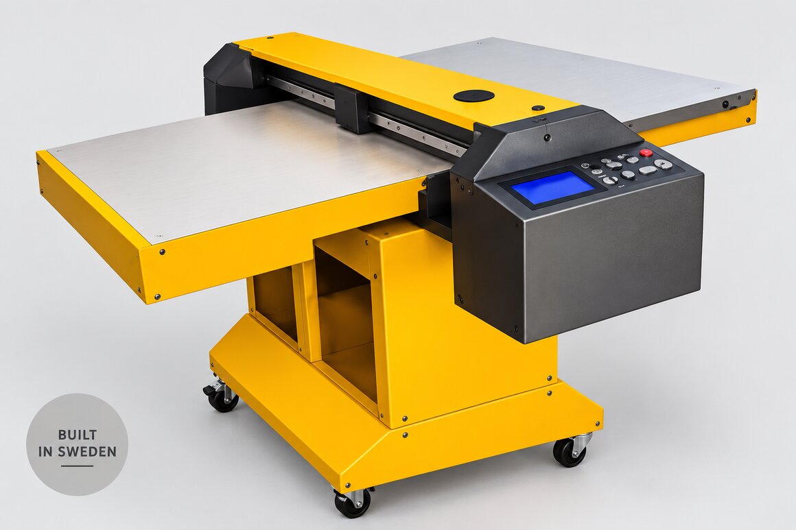 The PoC M-600+ flatbed food printer in yellow, with its printing table extended